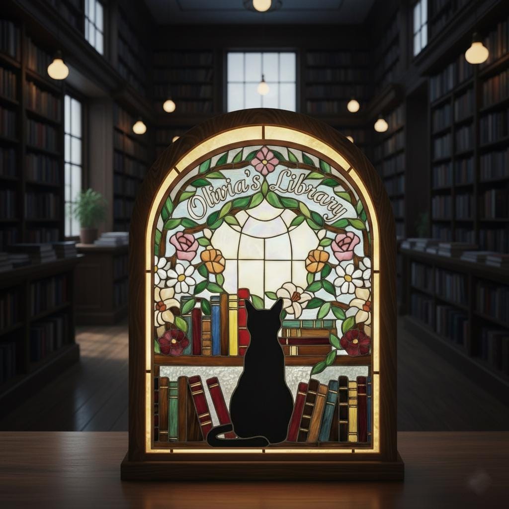 Custom Candle Holder: Personalized Cat Library Lighted Decor Book Lover Home Display