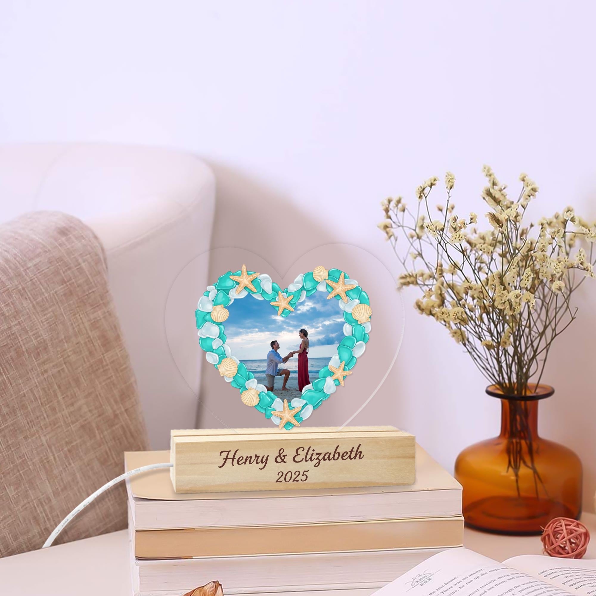 Personalized Sea Glass Heart Photo LED Light - Custom Name & Year