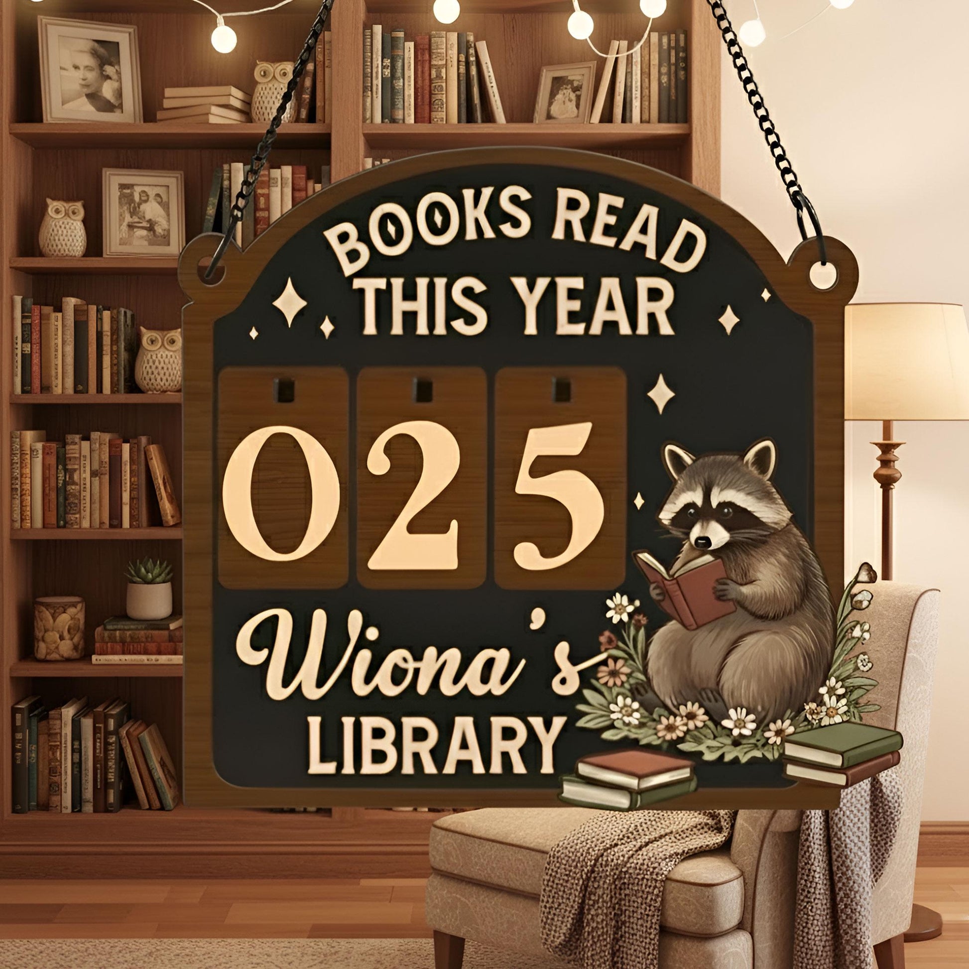 Personalized Raccoon Reading Tracker: Wooden Books Read This Year Sign