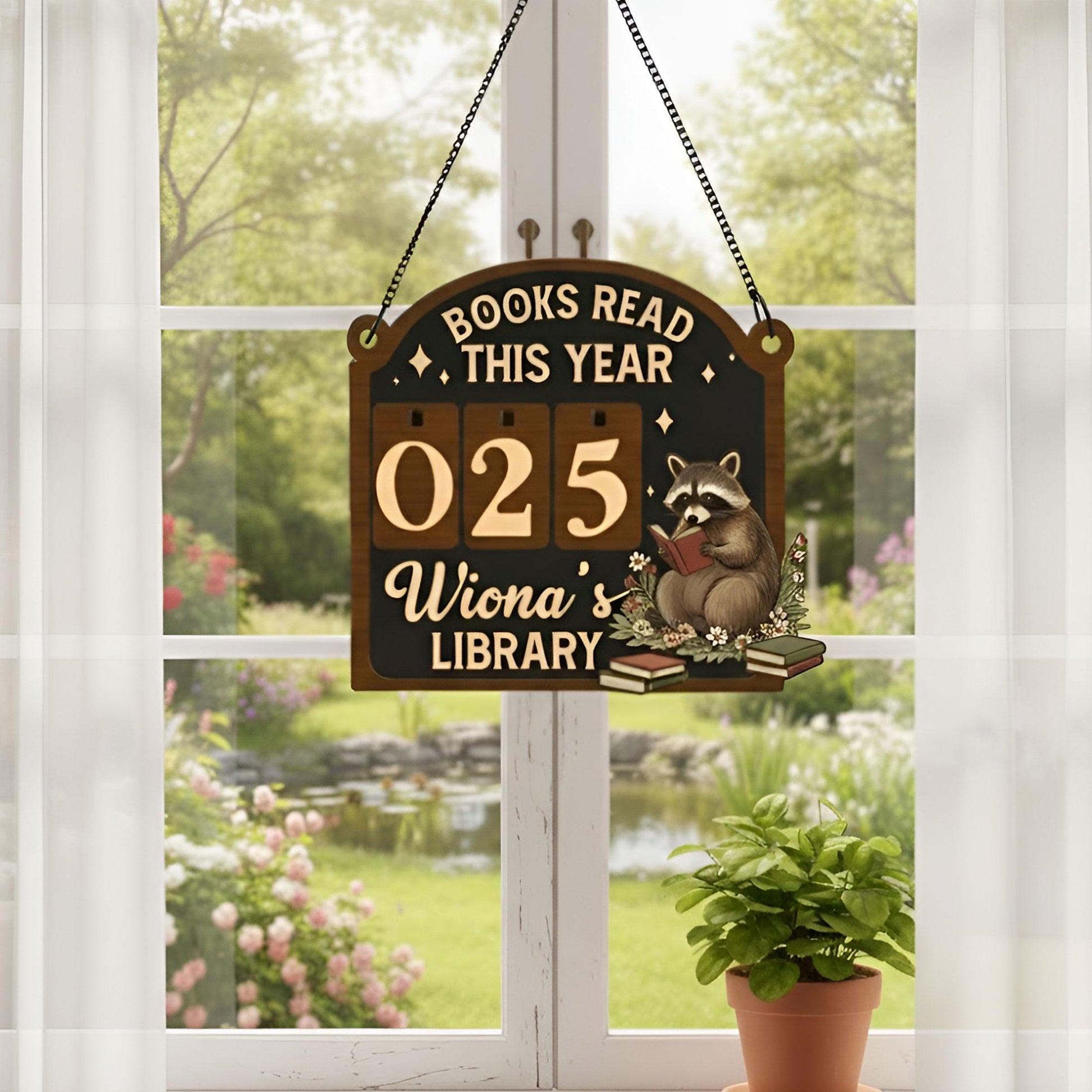 Personalized Raccoon Reading Tracker: Wooden Books Read This Year Sign