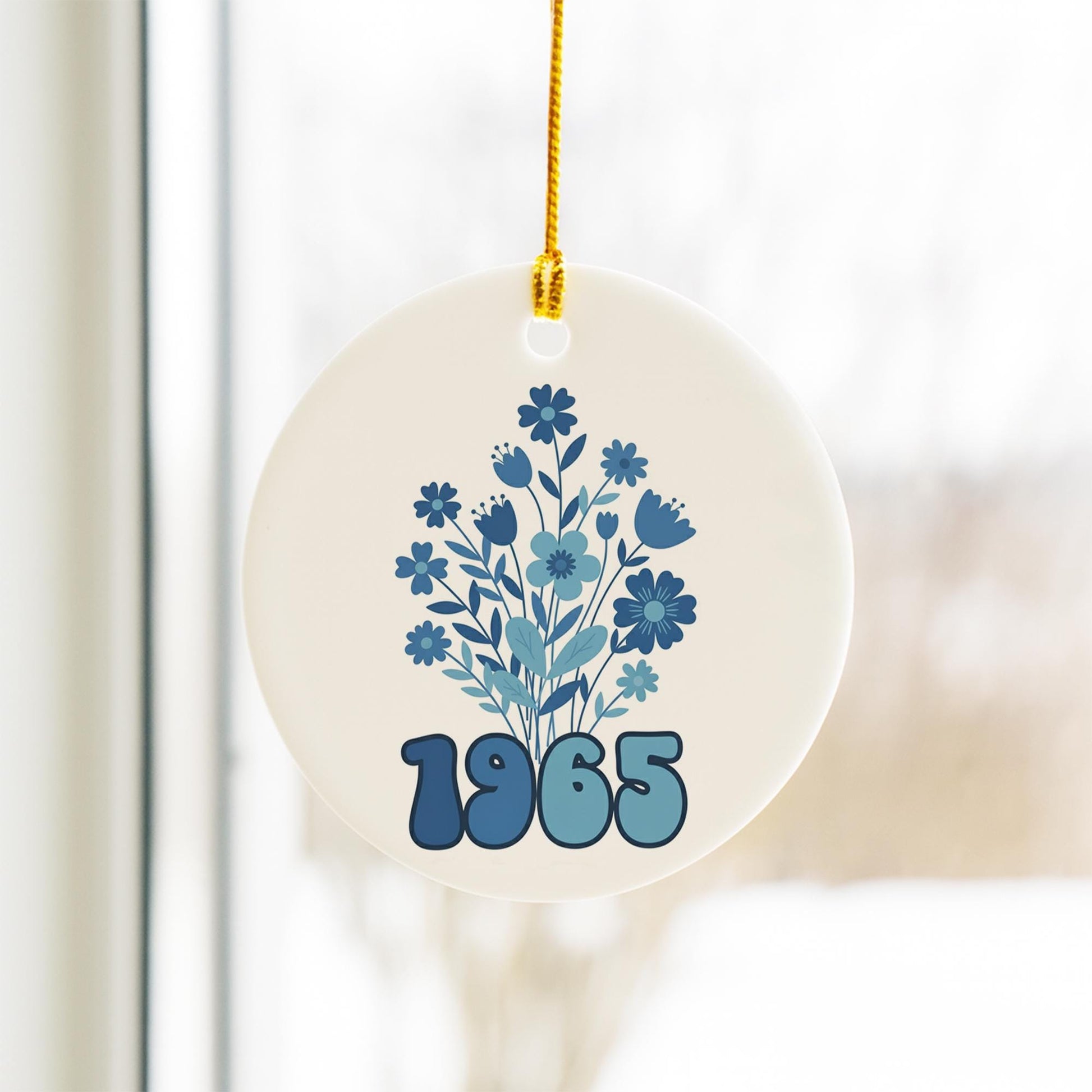 1965 Birth Year Ceramic Ornament: Retro Blue Floral 60th Birthday Gift