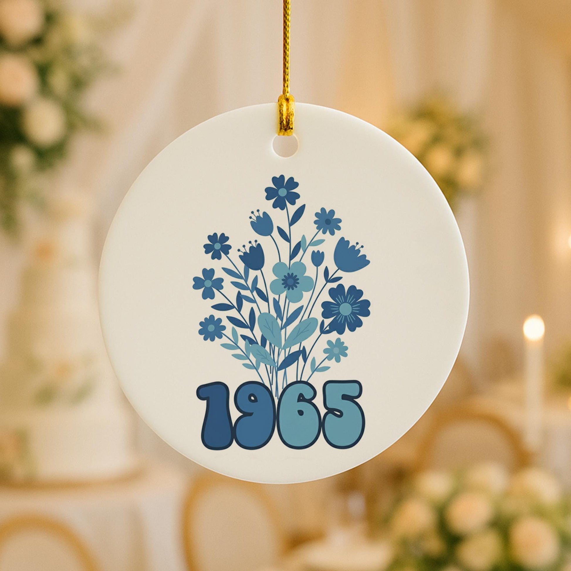 1965 Birth Year Ceramic Ornament: Retro Blue Floral 60th Birthday Gift