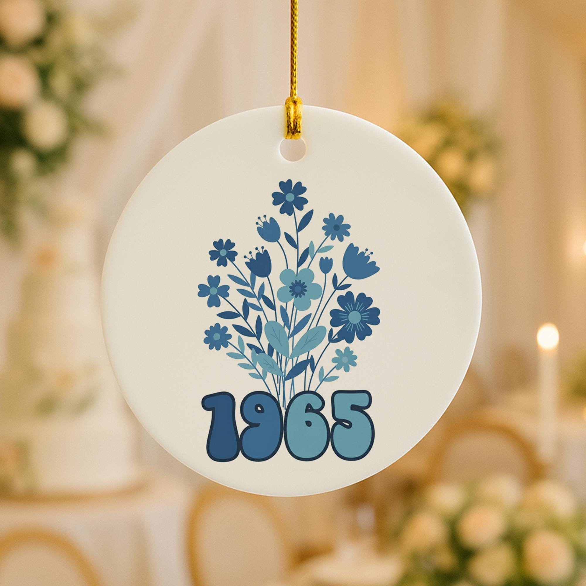 1965 Birth Year Ceramic Ornament: Retro Blue Floral 60th Birthday Gift