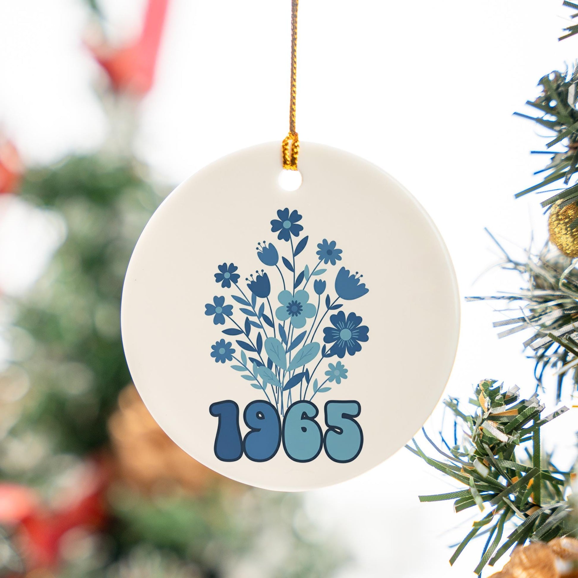 1965 Birth Year Ceramic Ornament: Retro Blue Floral 60th Birthday Gift
