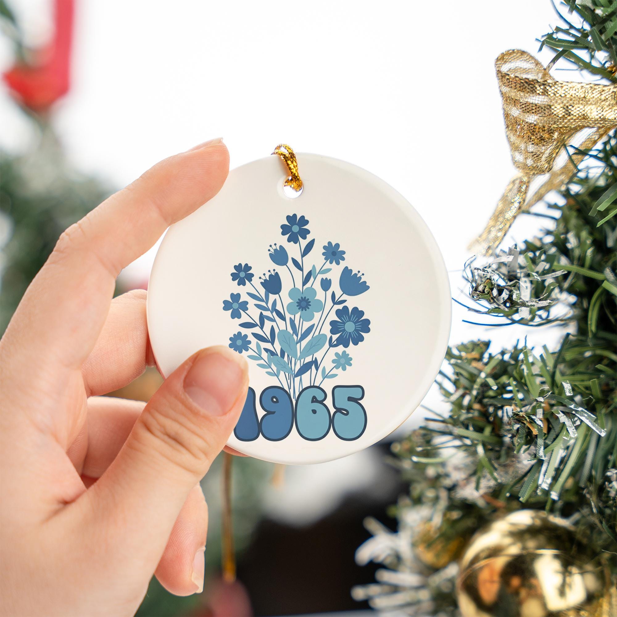 1965 Birth Year Ceramic Ornament: Retro Blue Floral 60th Birthday Gift