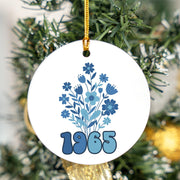 1965 Birth Year Ceramic Ornament: Retro Blue Floral 60th Birthday Gift
