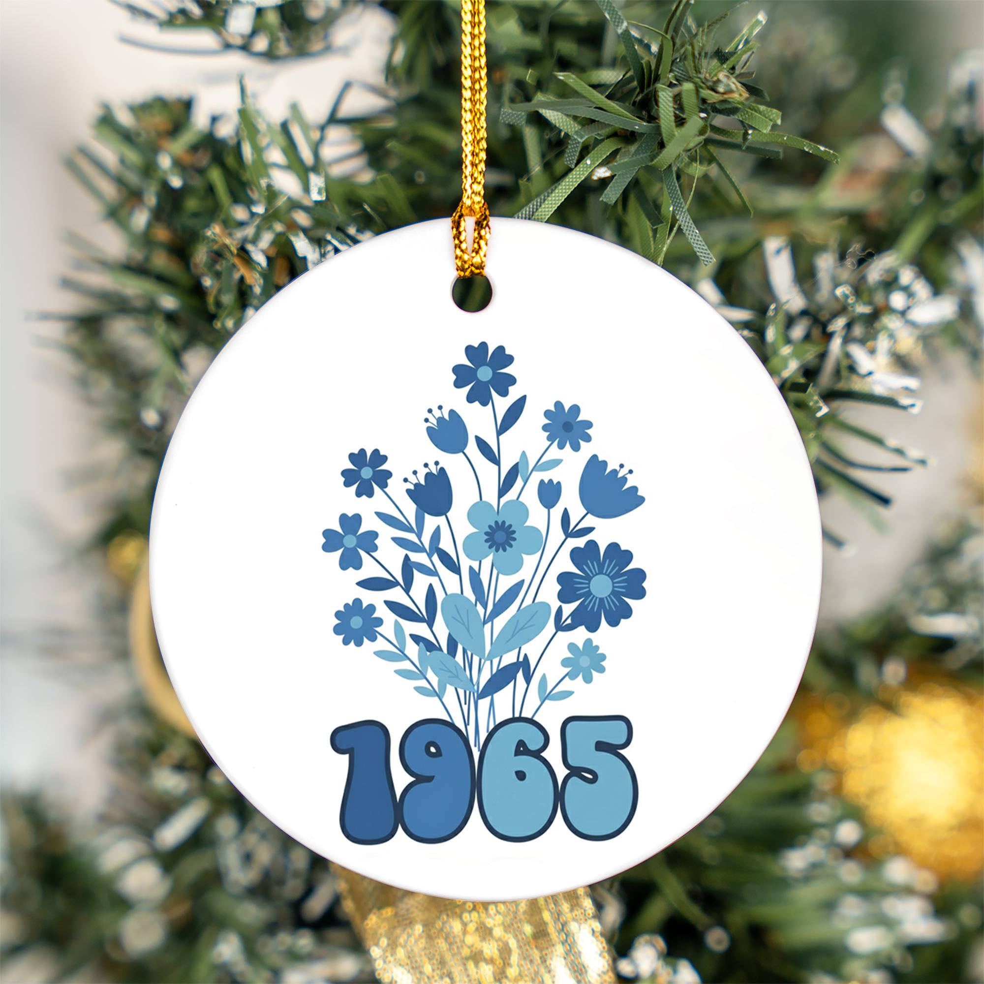 1965 Birth Year Ceramic Ornament: Retro Blue Floral 60th Birthday Gift