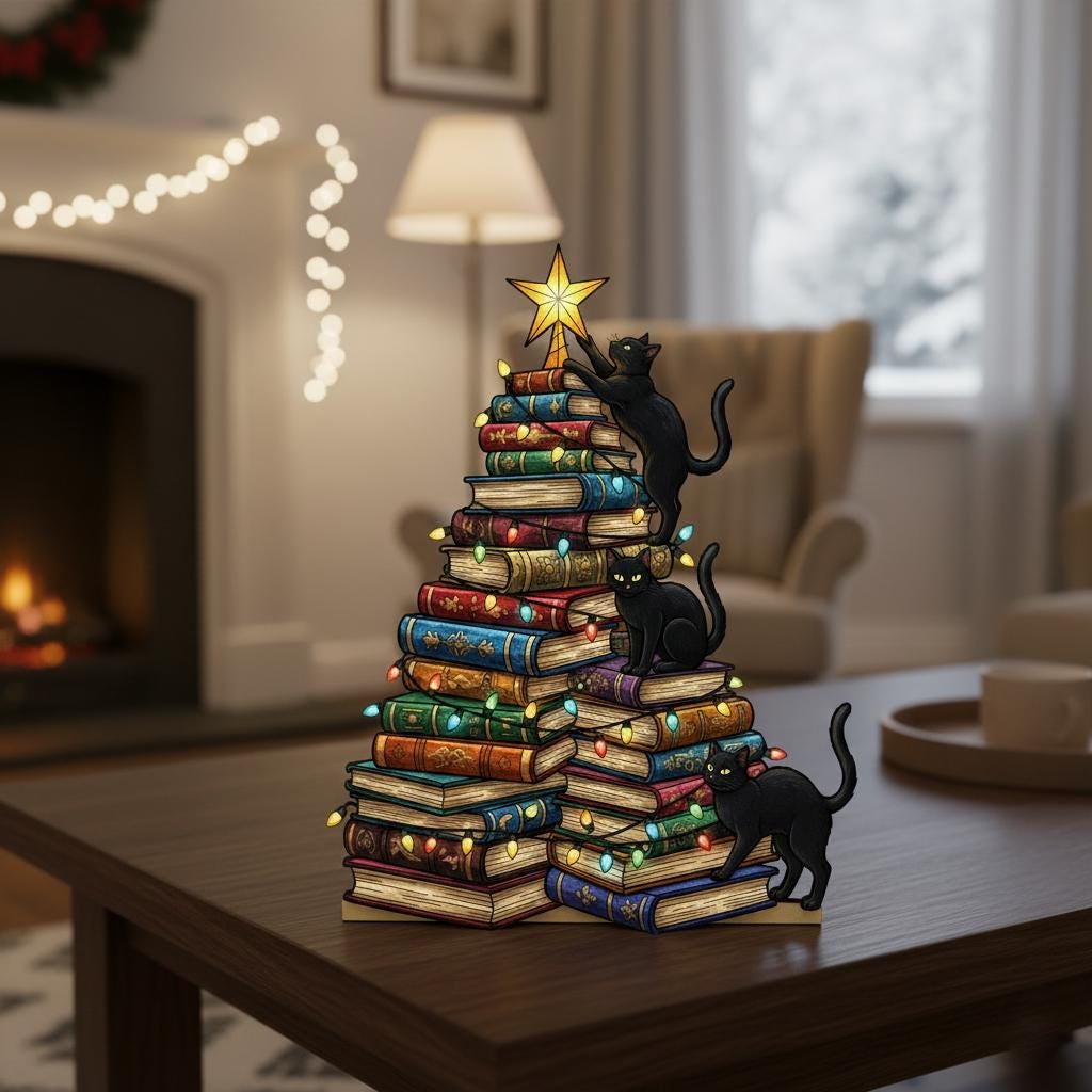 Christmas book cat wooden blocks – holiday bookshelf décor