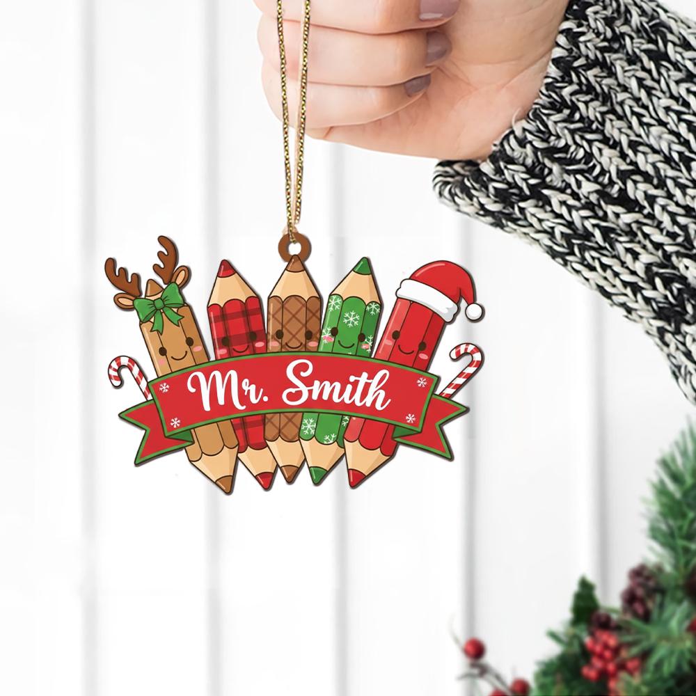 Personalized Teacher Ornament – Christmas Pencil Design with Holiday Theme