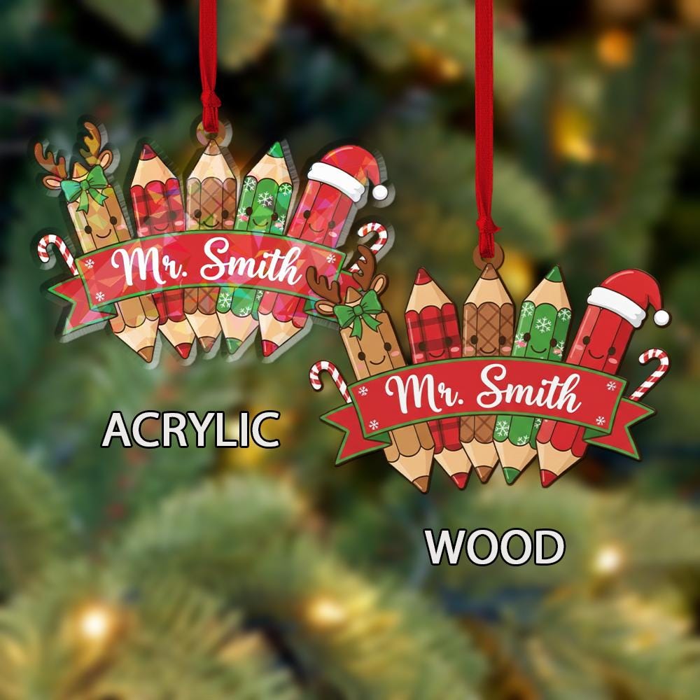 Personalized Teacher Ornament – Christmas Pencil Design with Holiday Theme