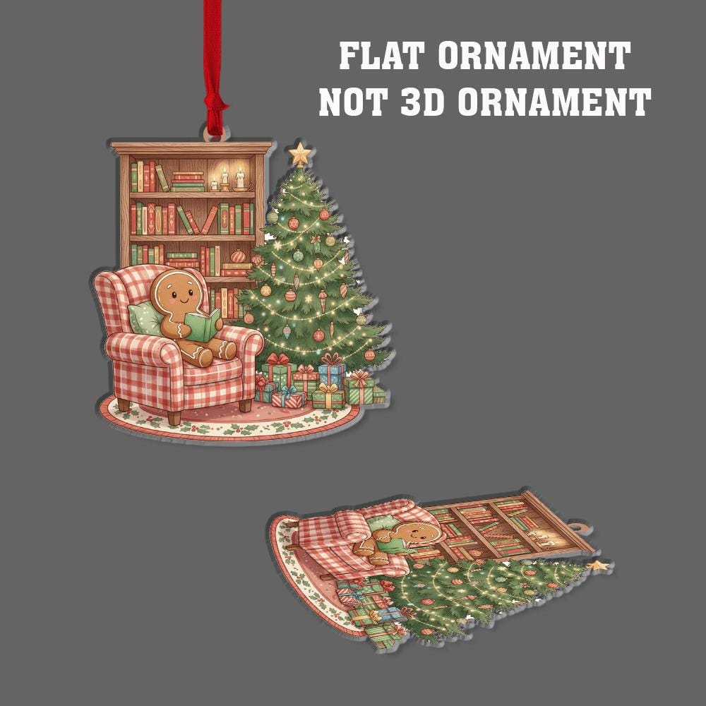 Gingerbread Ornament – Christmas Tree and Bookshelf Design with Cozy Chair Scene