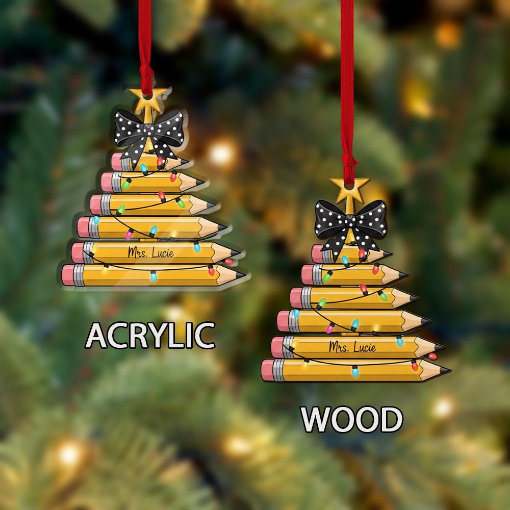 Personalized Teacher Ornament – Pencil Christmas Tree with Lights and Bow
