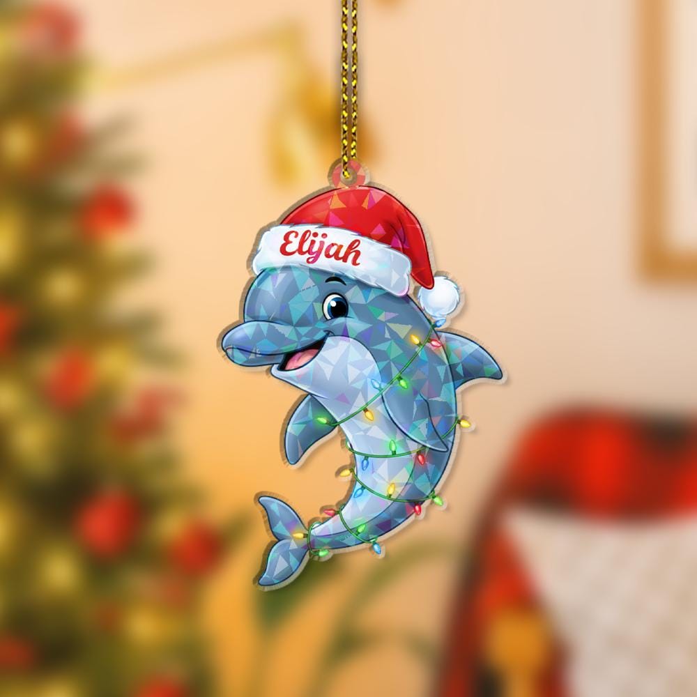 Personalized Dolphin Ornament – Holographic Christmas Design with Santa Hat and Lights