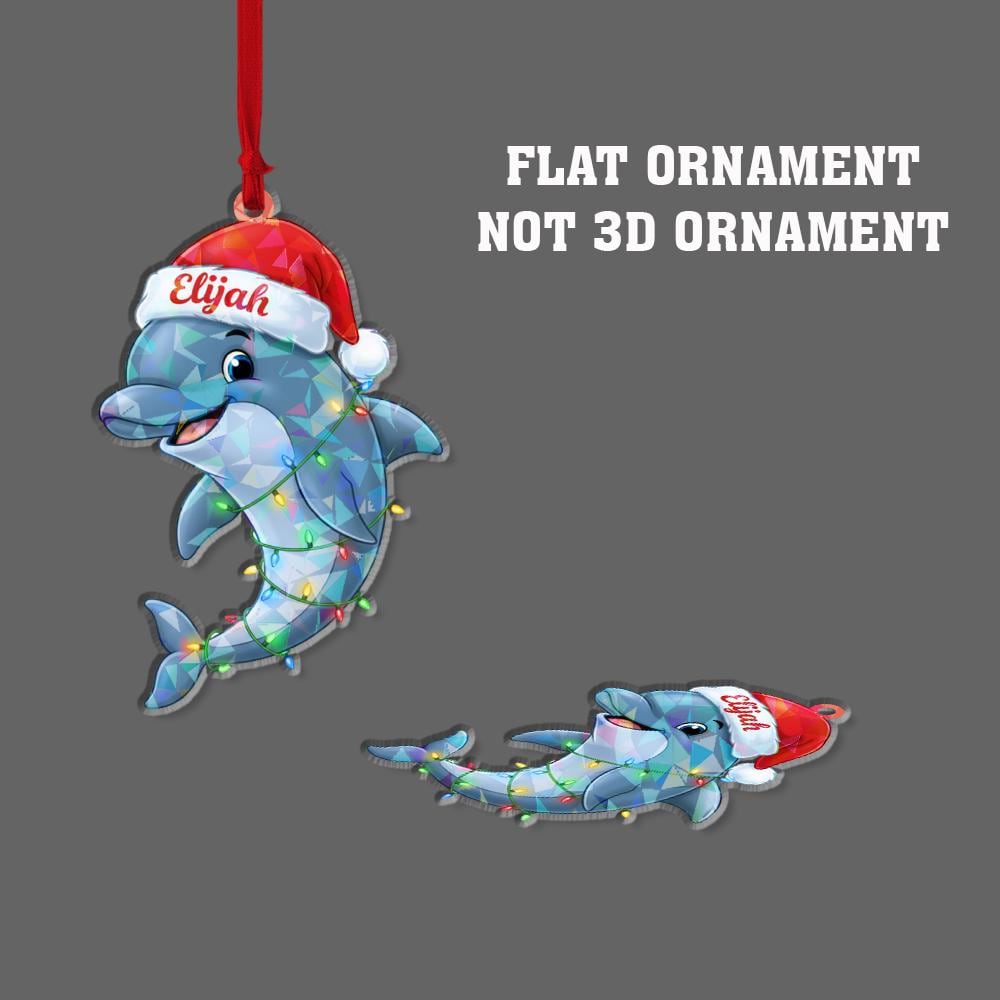 Personalized Dolphin Ornament – Holographic Christmas Design with Santa Hat and Lights