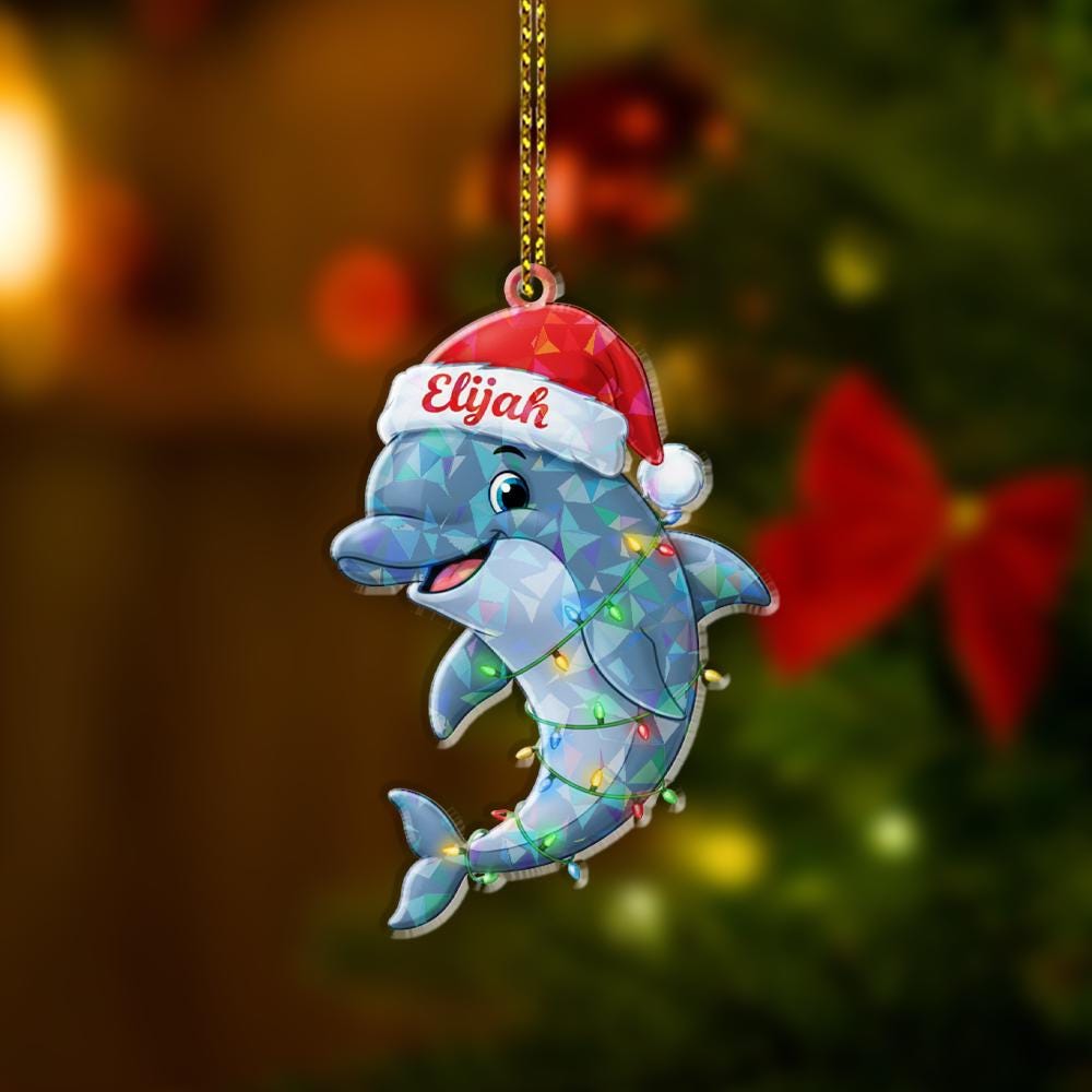 Personalized Dolphin Ornament – Holographic Christmas Design with Santa Hat and Lights
