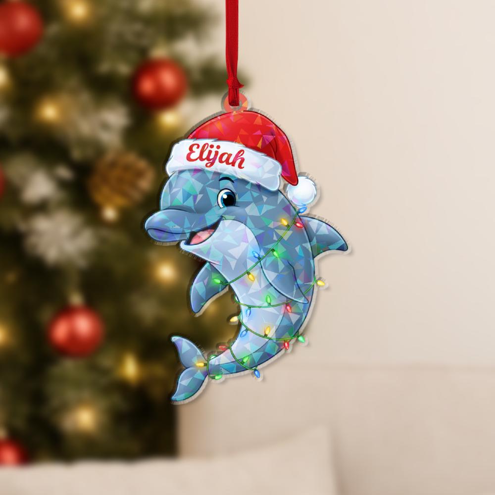 Personalized Dolphin Ornament – Holographic Christmas Design with Santa Hat and Lights