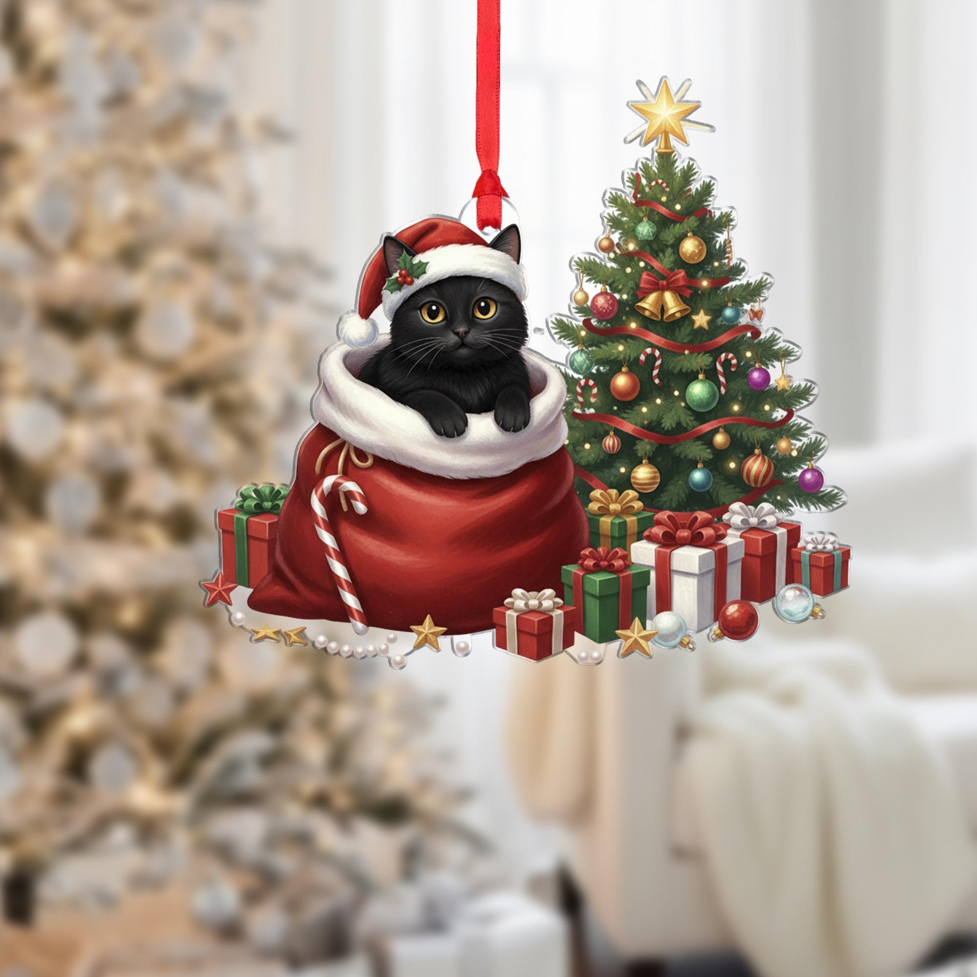 Black Cat Christmas Ornament: Cute Holiday Cat in Santa Bag