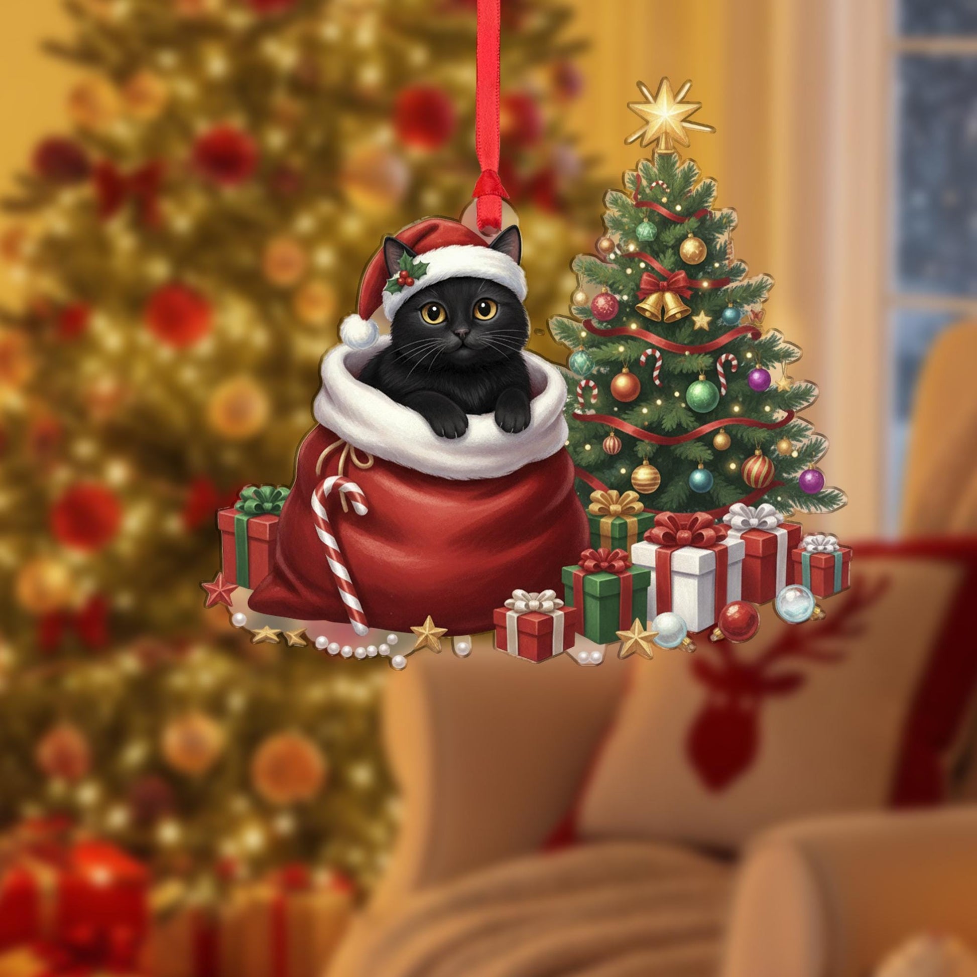 Black Cat Christmas Ornament: Cute Holiday Cat in Santa Bag