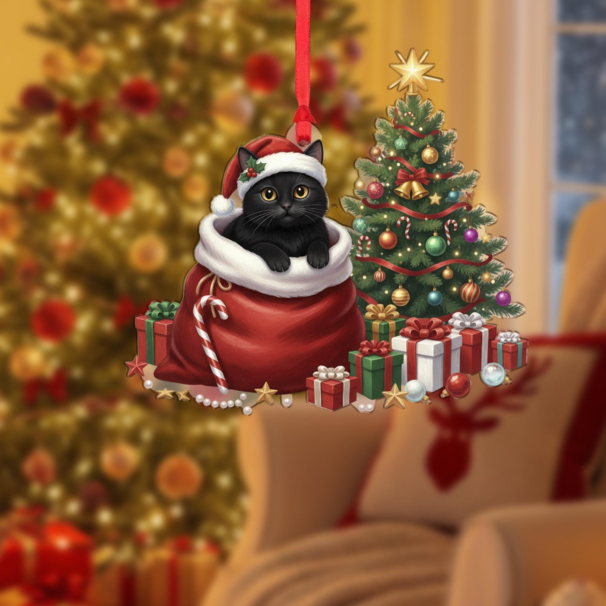 Black Cat Christmas Ornament: Cute Holiday Cat in Santa Bag