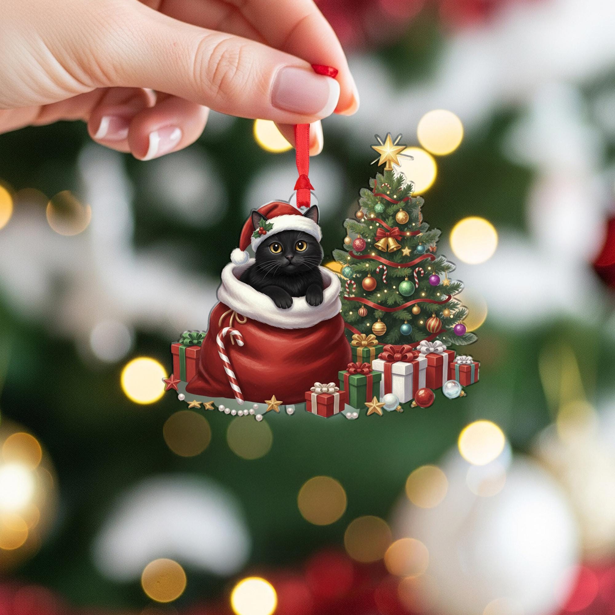 Black Cat Christmas Ornament: Cute Holiday Cat in Santa Bag