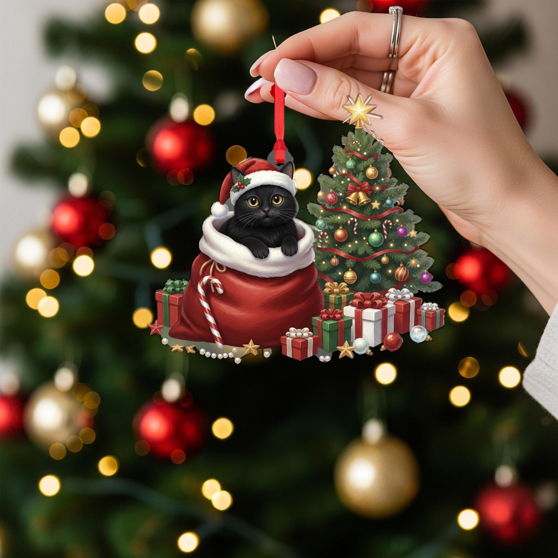 Black Cat Christmas Ornament: Cute Holiday Cat in Santa Bag