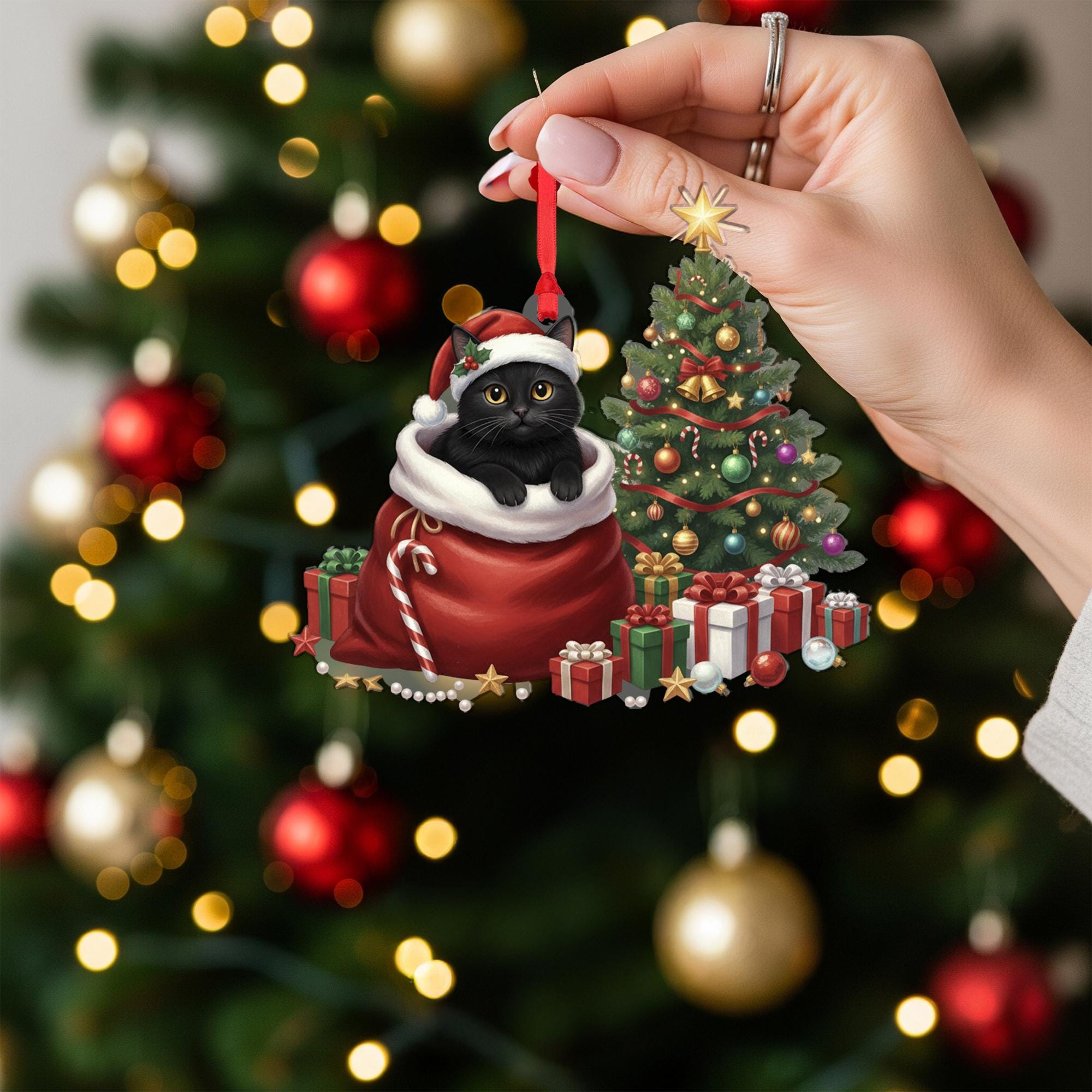 Black Cat Christmas Ornament: Cute Holiday Cat in Santa Bag