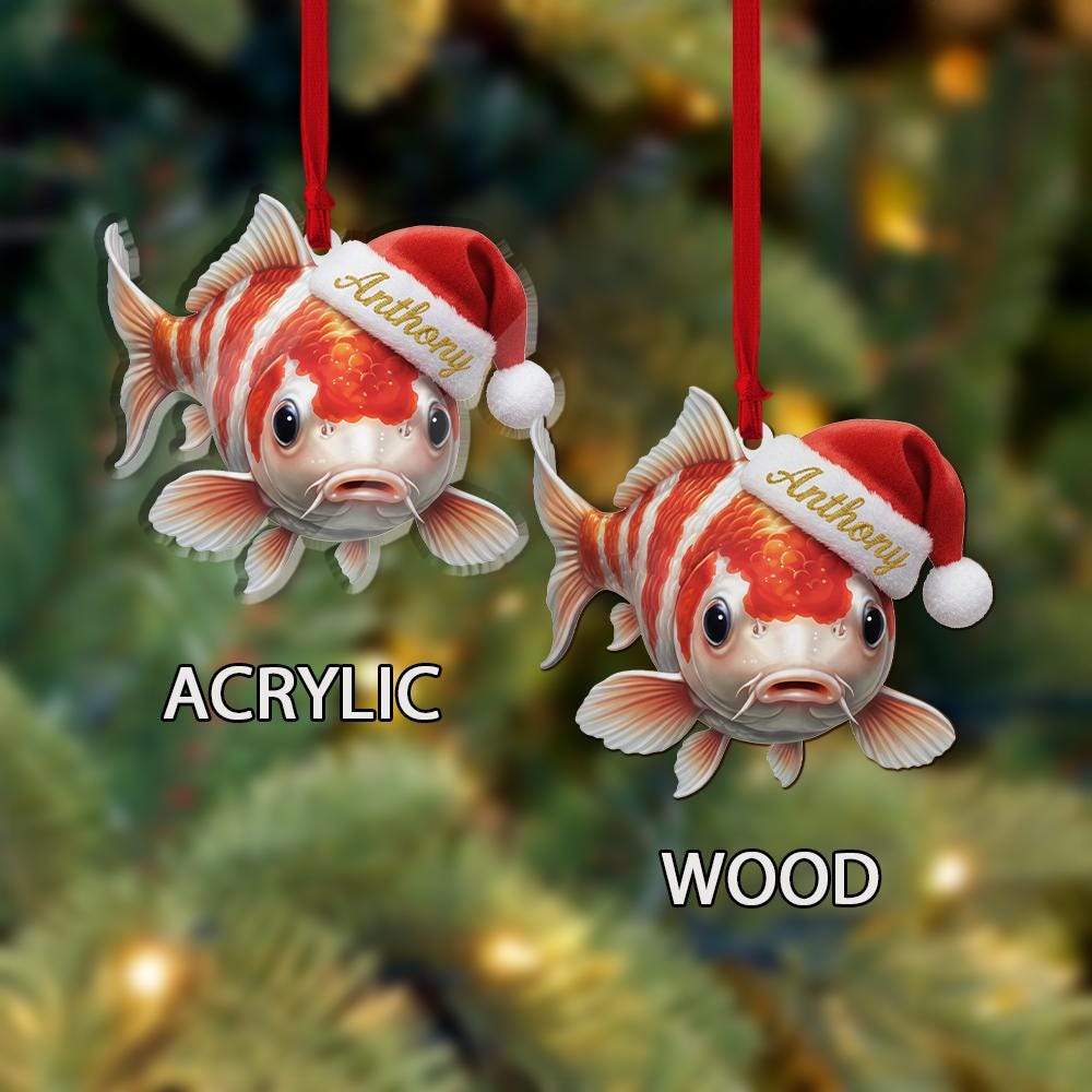 Personalized Fish Ornament – Christmas Koi Design with Santa Hat