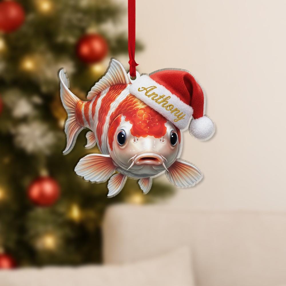 Personalized Fish Ornament – Christmas Koi Design with Santa Hat