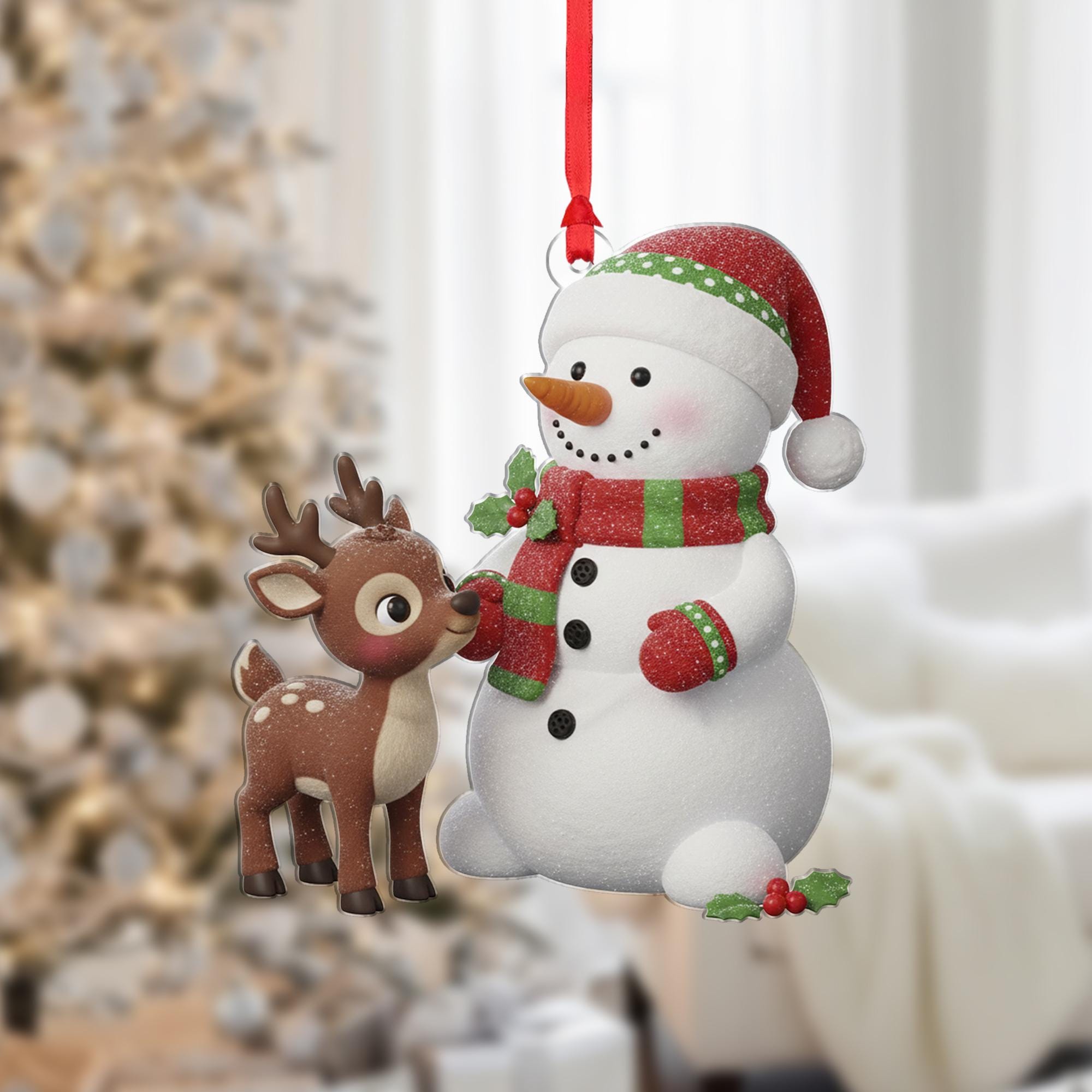 Snowman & Reindeer Christmas Ornament: Double-Sided Holiday Decoration