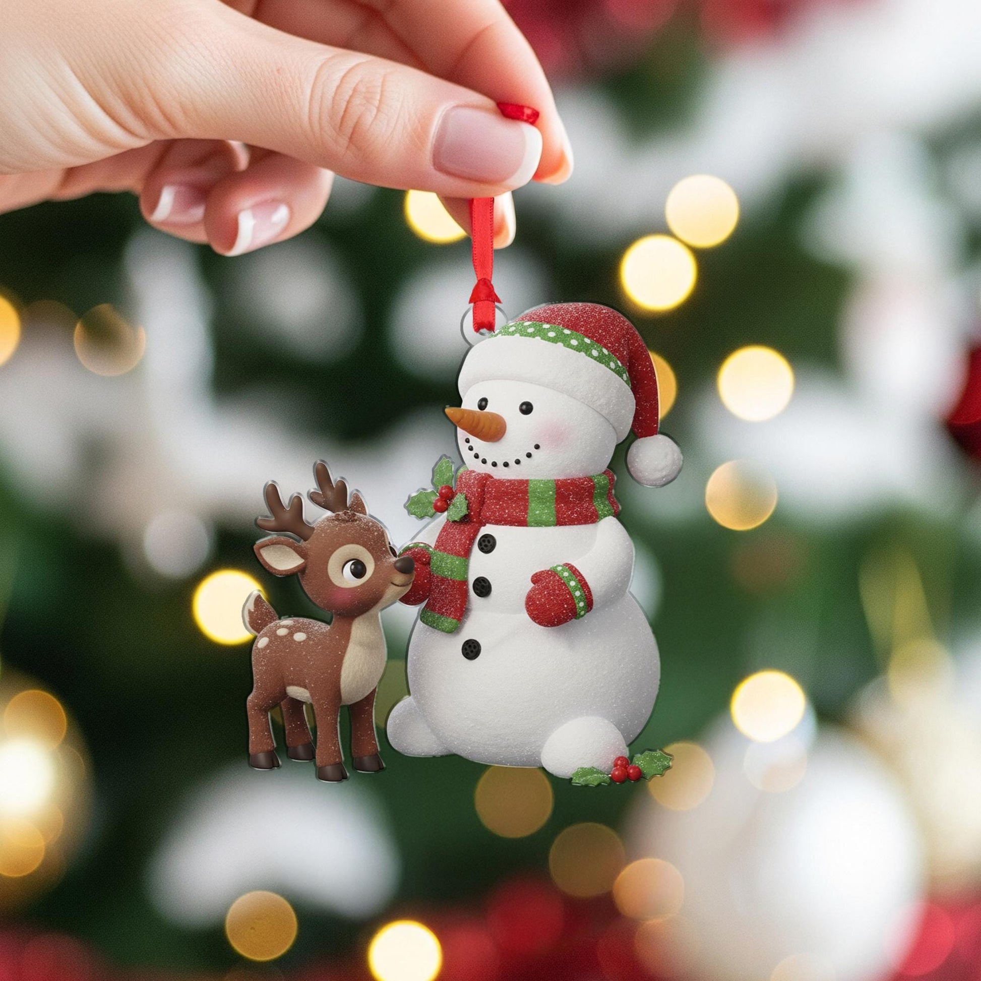 Snowman & Reindeer Christmas Ornament: Double-Sided Holiday Decoration