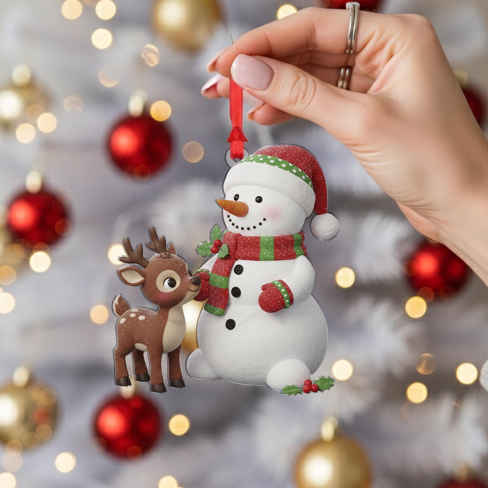 Snowman & Reindeer Christmas Ornament: Double-Sided Holiday Decoration