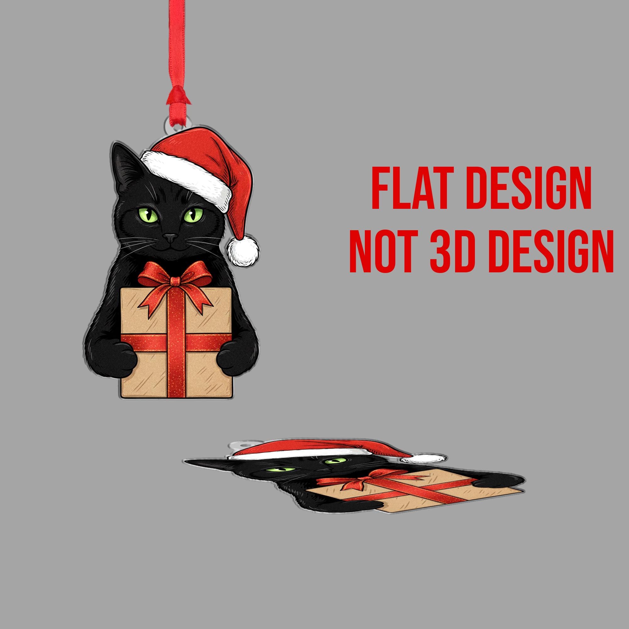 Black Cat Christmas Ornament: Fiber Wood Kitty with Gift