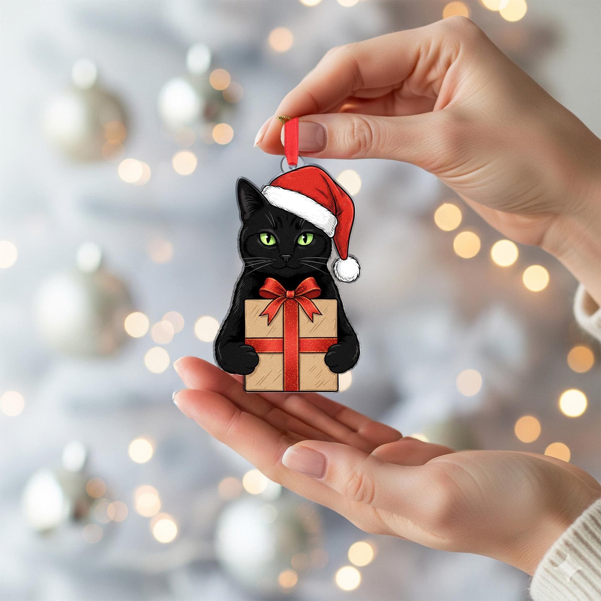 Black Cat Christmas Ornament: Fiber Wood Kitty with Gift