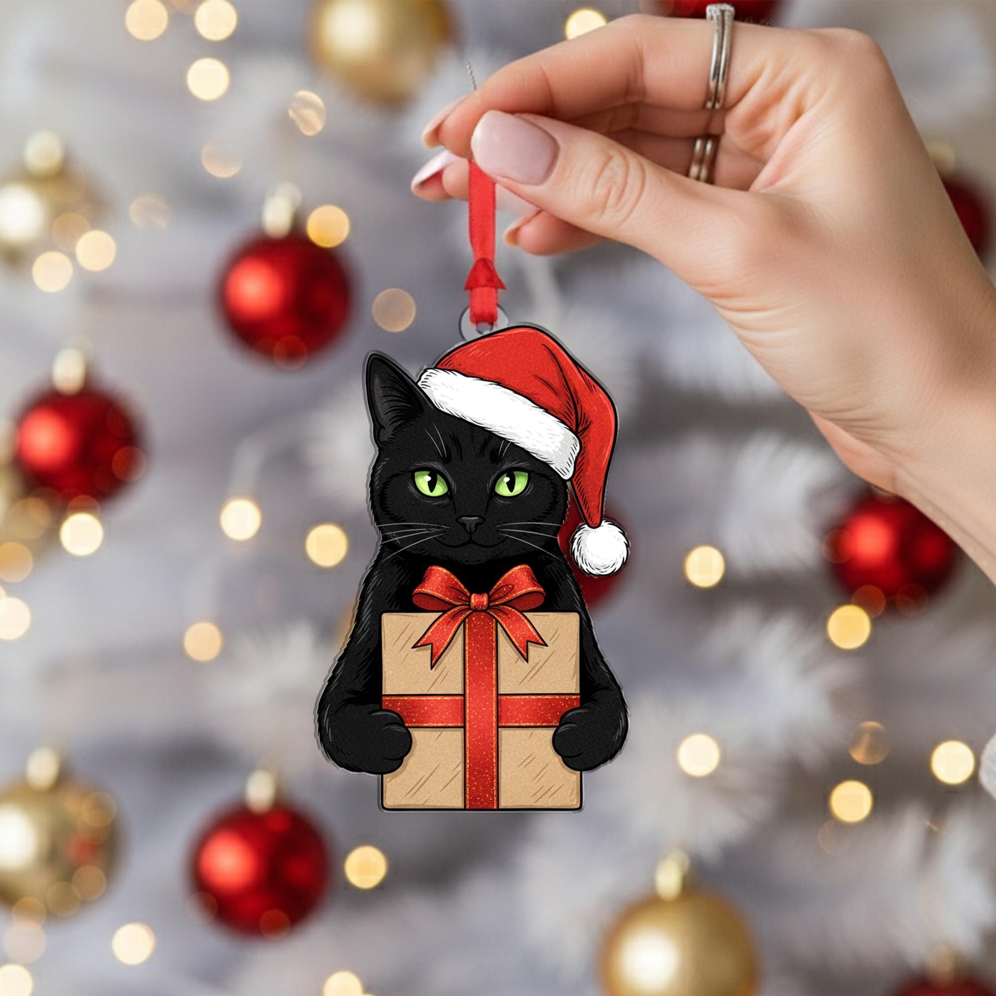 Black Cat Christmas Ornament: Fiber Wood Kitty with Gift
