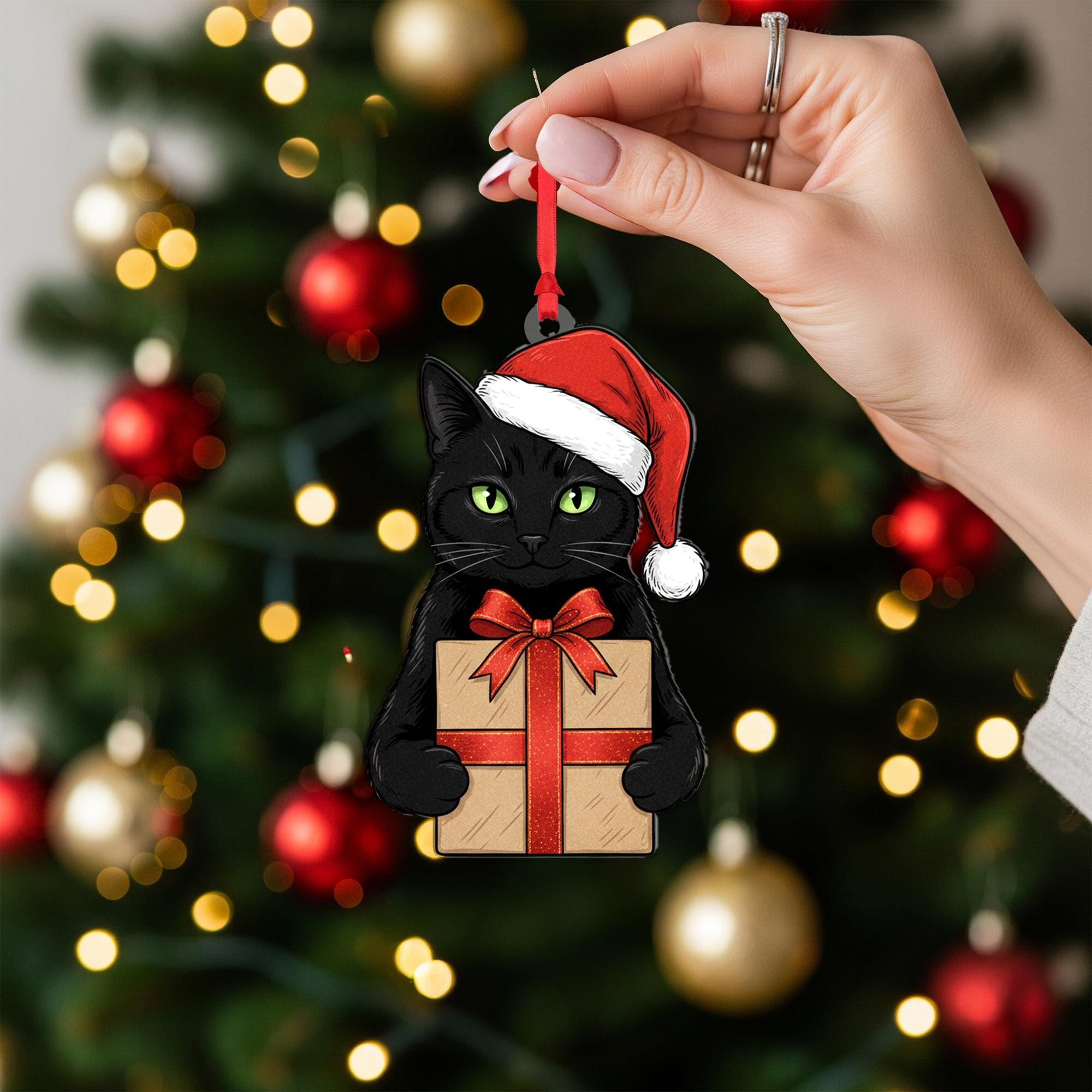 Black Cat Christmas Ornament: Fiber Wood Kitty with Gift