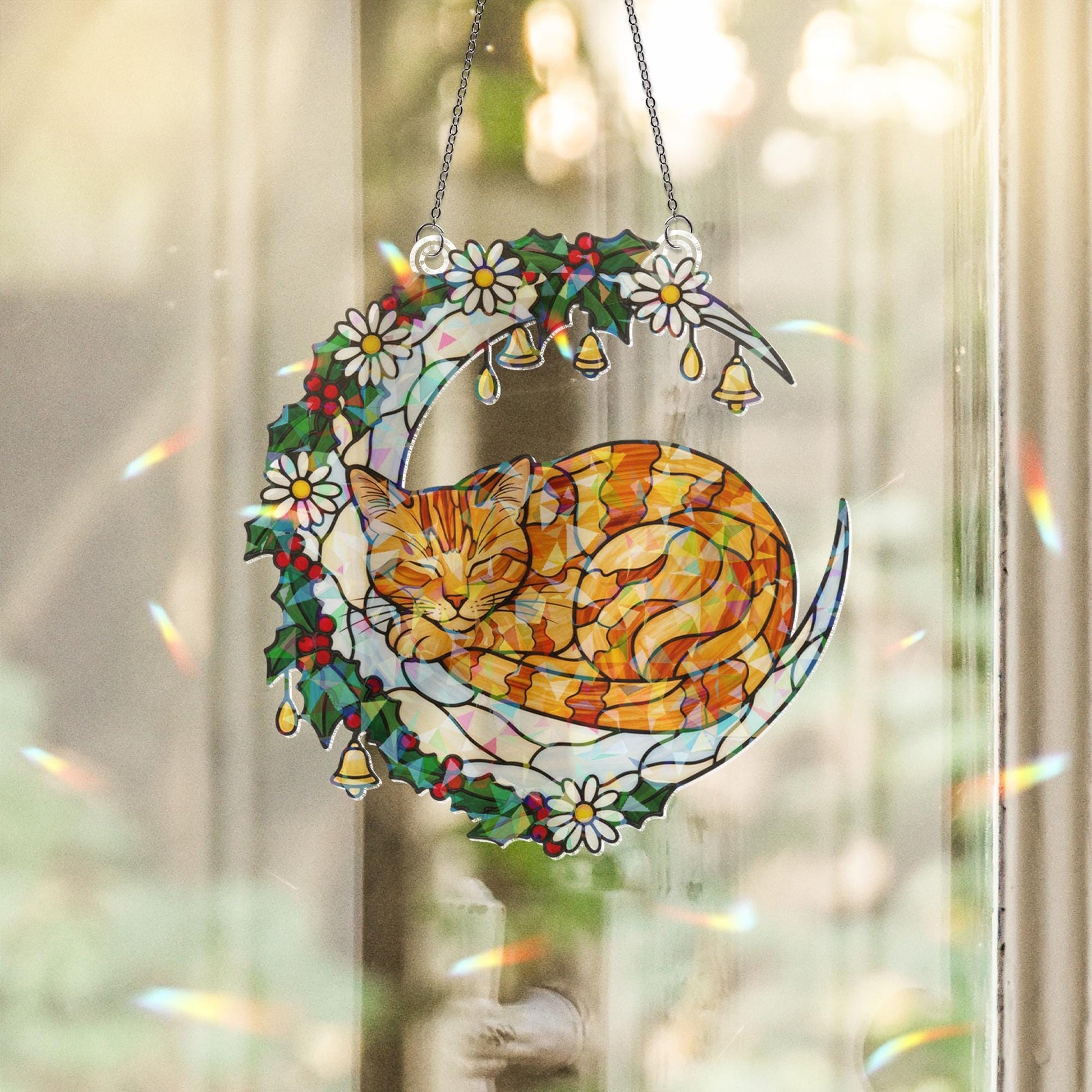Faux Stained Glass Cat Window Hanging – Holographic Crescent Moon with Holly, Daisies, and Bells
