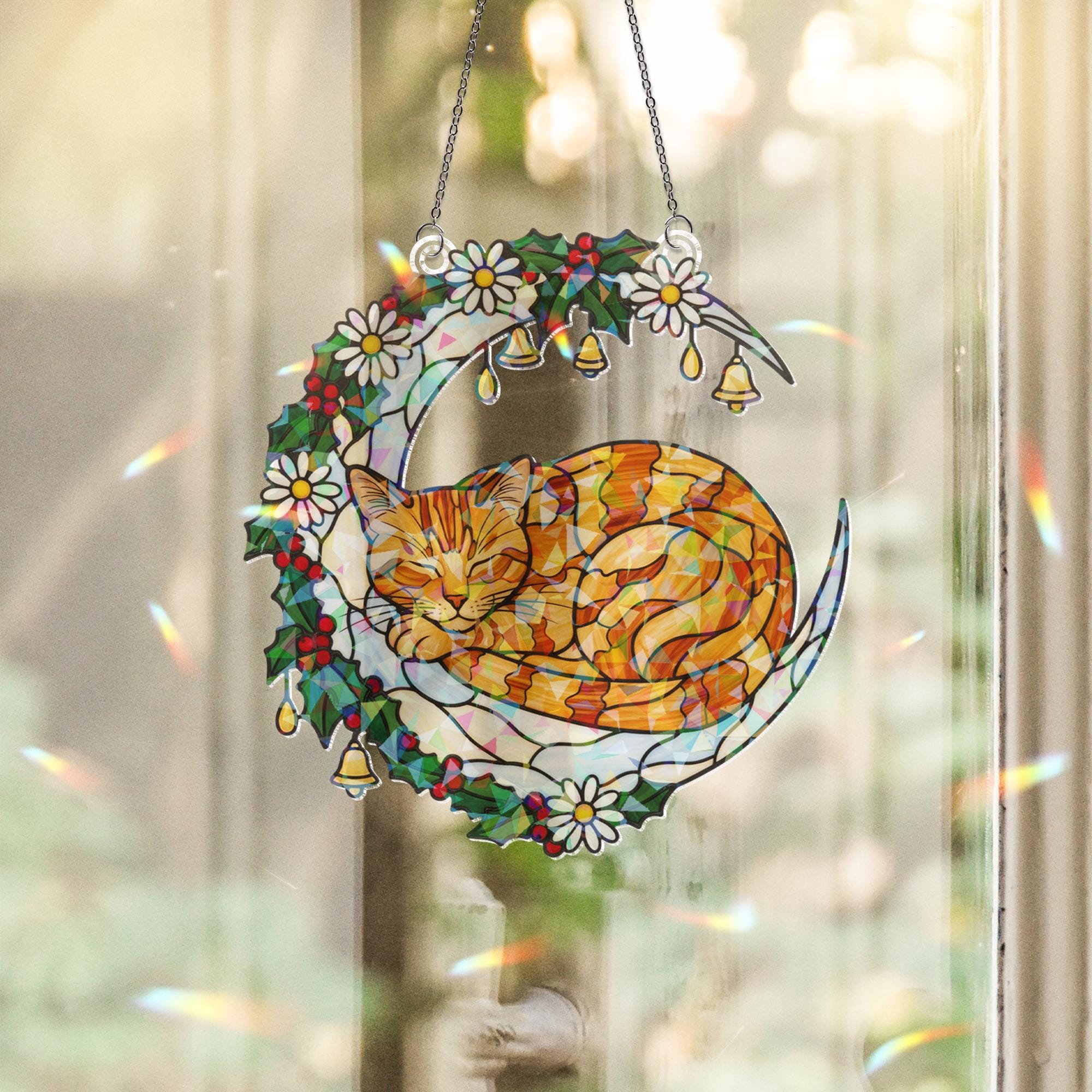 Faux Stained Glass Cat Window Hanging – Holographic Crescent Moon with Holly, Daisies, and Bells