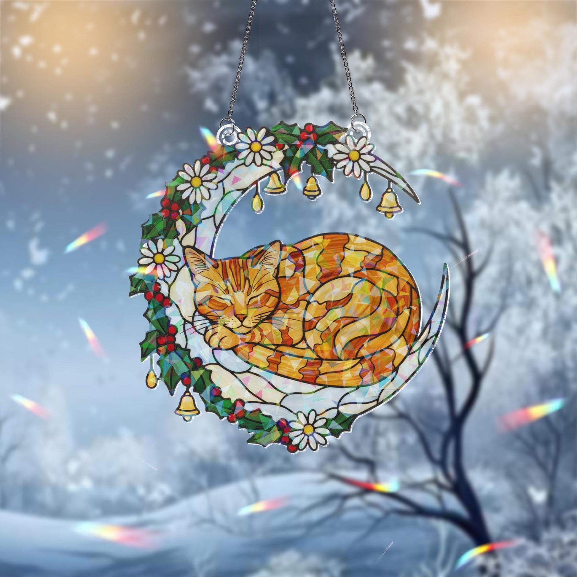 Faux Stained Glass Cat Window Hanging – Holographic Crescent Moon with Holly, Daisies, and Bells