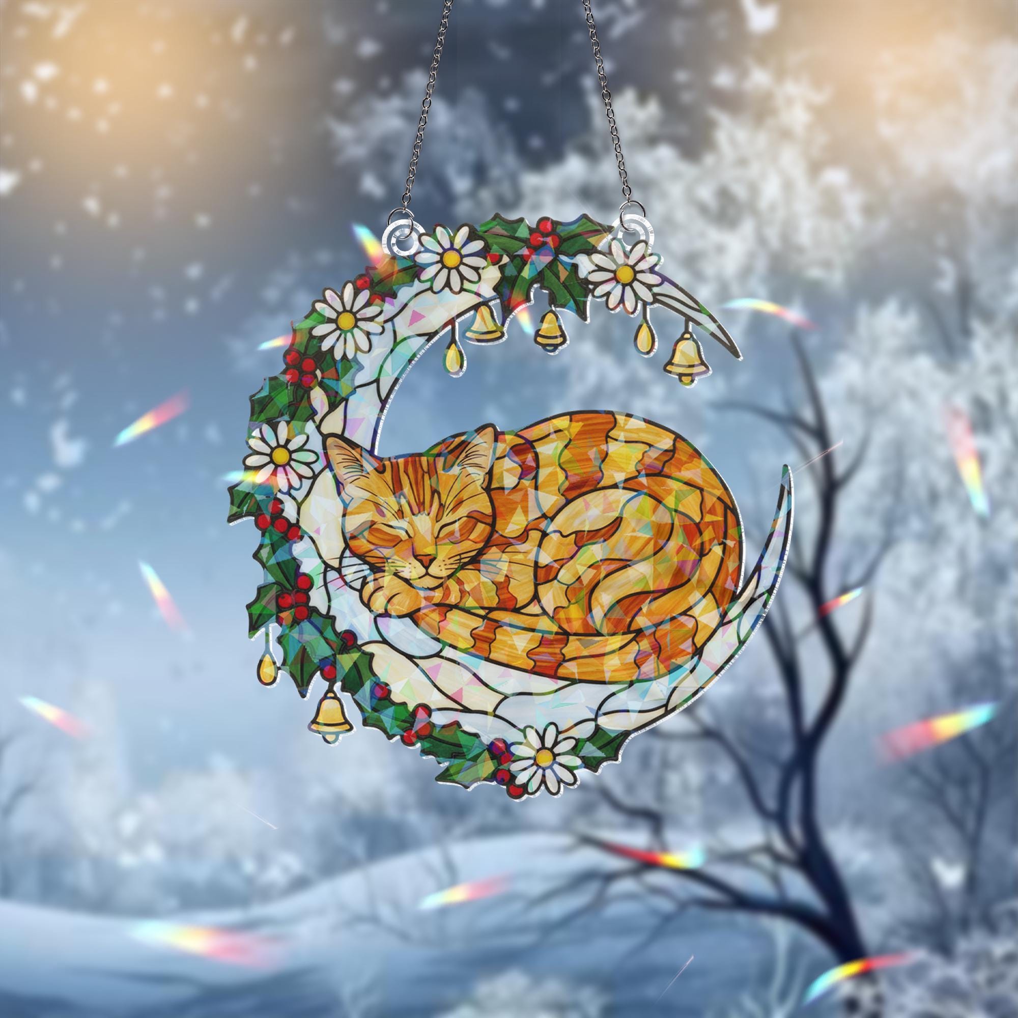 Faux Stained Glass Cat Window Hanging – Holographic Crescent Moon with Holly, Daisies, and Bells