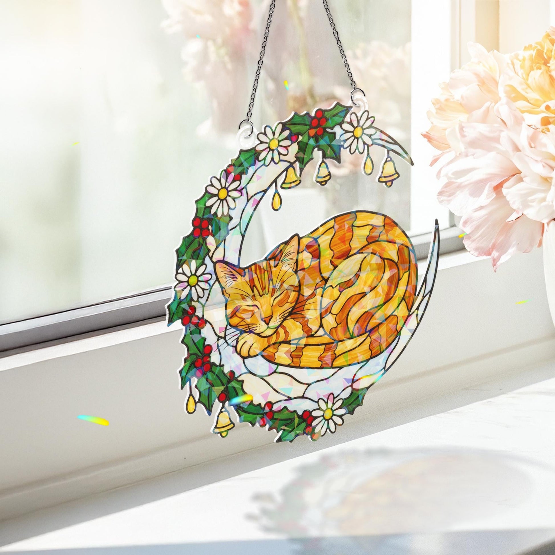 Faux Stained Glass Cat Window Hanging – Holographic Crescent Moon with Holly, Daisies, and Bells