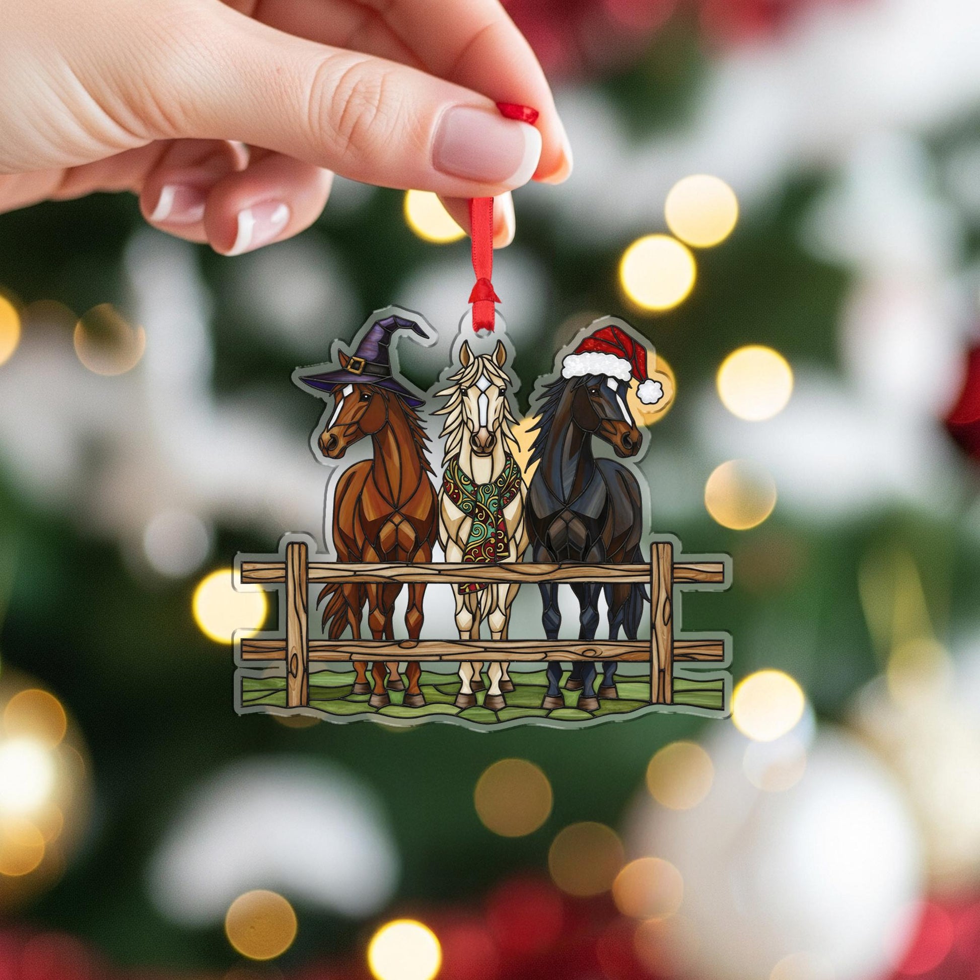 Horse Ornament – Holiday Fence Design with Santa Hat, Witch Hat, and Festive Scarf