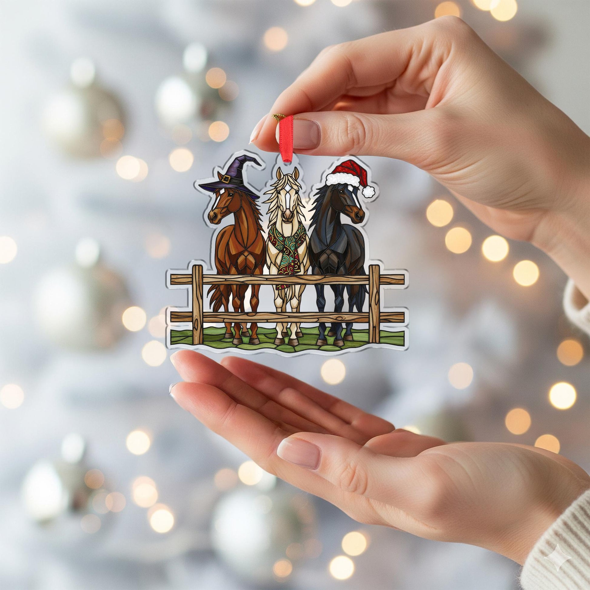 Horse Ornament – Holiday Fence Design with Santa Hat, Witch Hat, and Festive Scarf