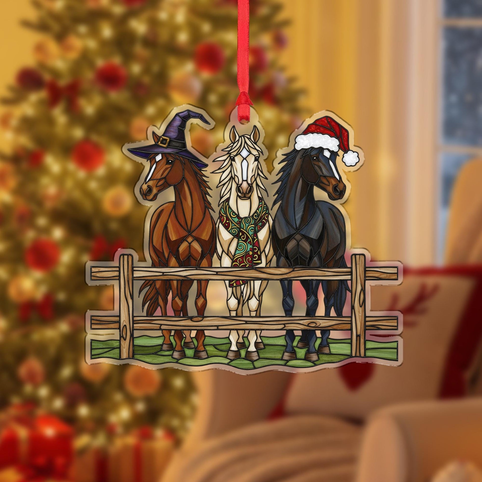 Horse Ornament – Holiday Fence Design with Santa Hat, Witch Hat, and Festive Scarf