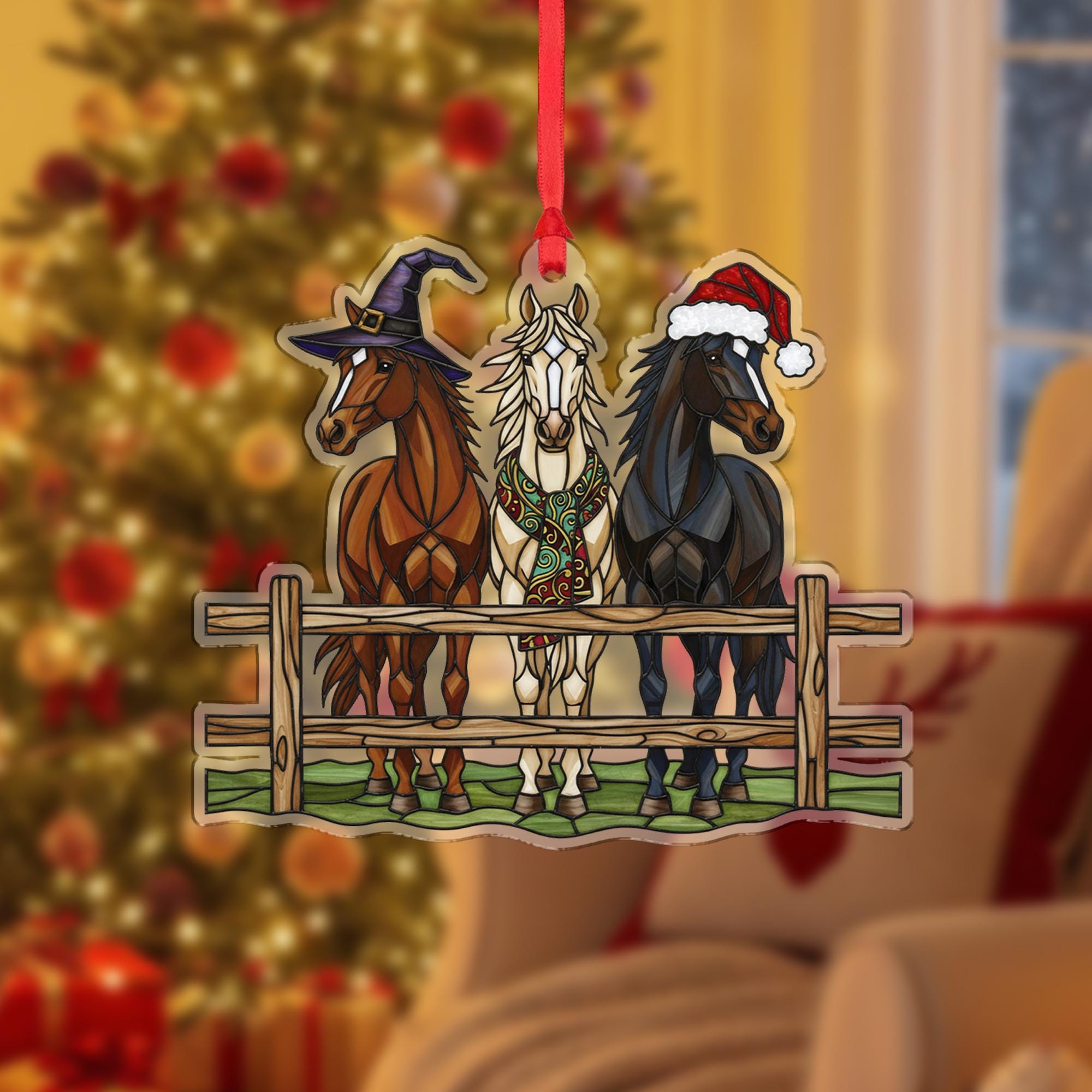 Horse Ornament – Holiday Fence Design with Santa Hat, Witch Hat, and Festive Scarf