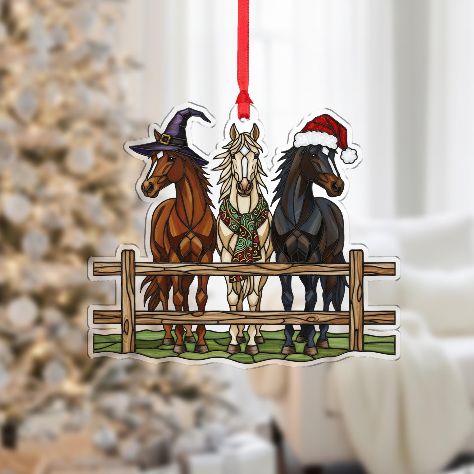 Horse Ornament – Holiday Fence Design with Santa Hat, Witch Hat, and Festive Scarf
