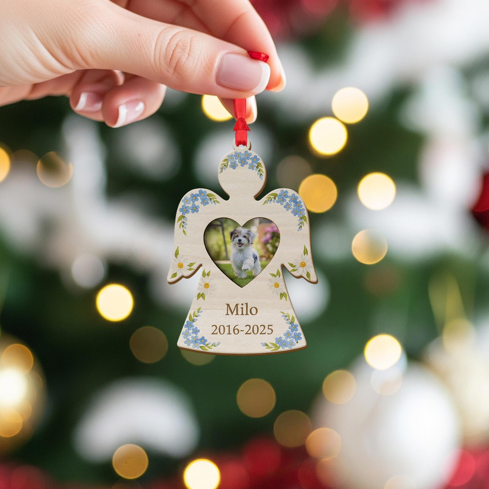 Personalized Dog Memorial Ornament: Wood Angel Photo Frame, Floral Design