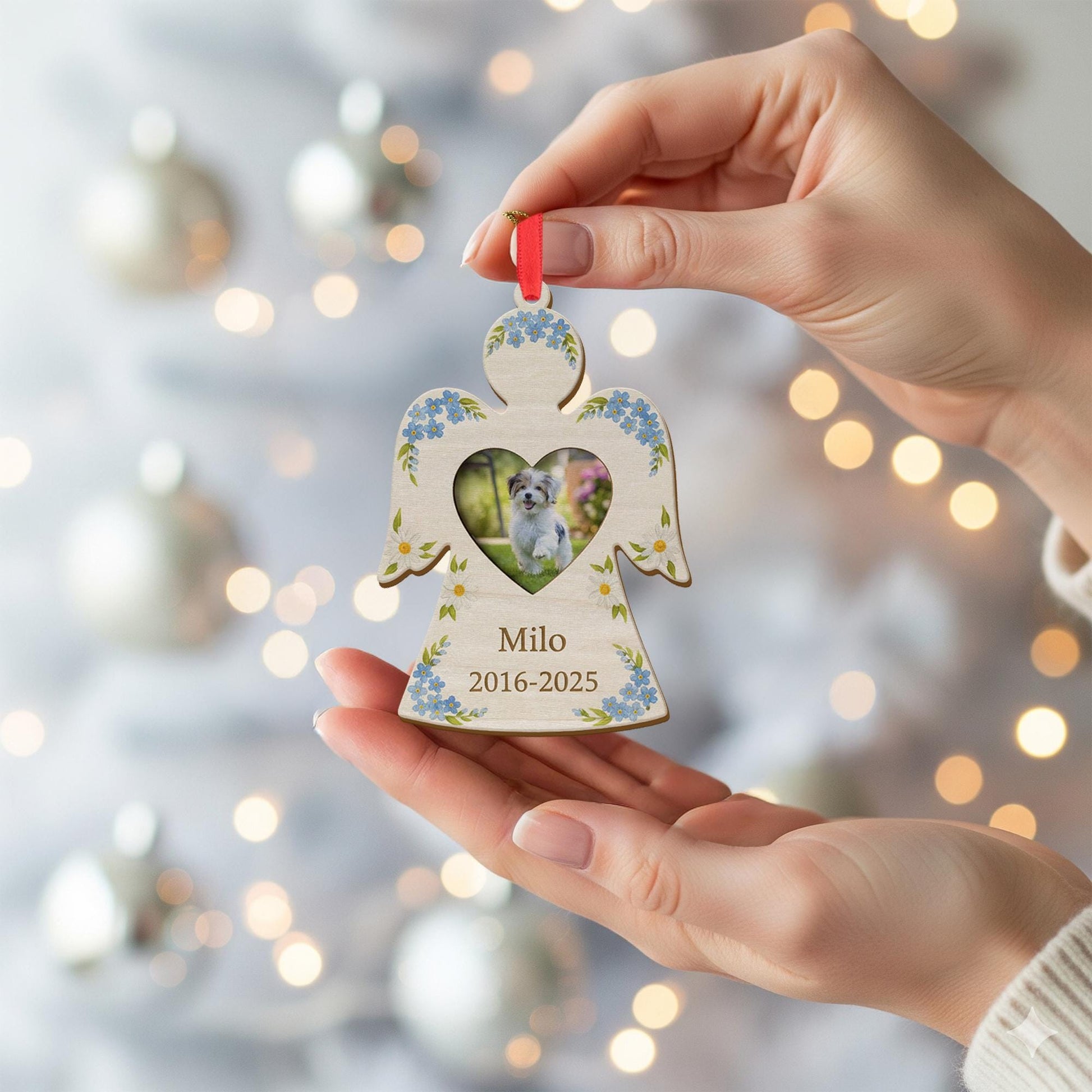 Personalized Dog Memorial Ornament: Wood Angel Photo Frame, Floral Design