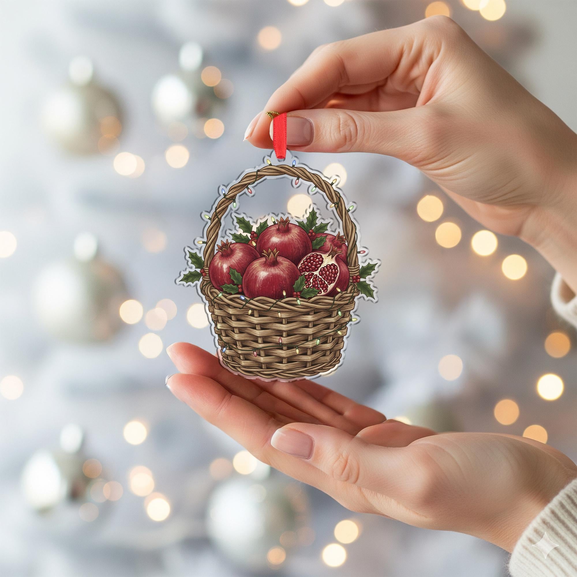Pomegranate Ornament – Basket Design with Holiday Lights and Fruit Illustration