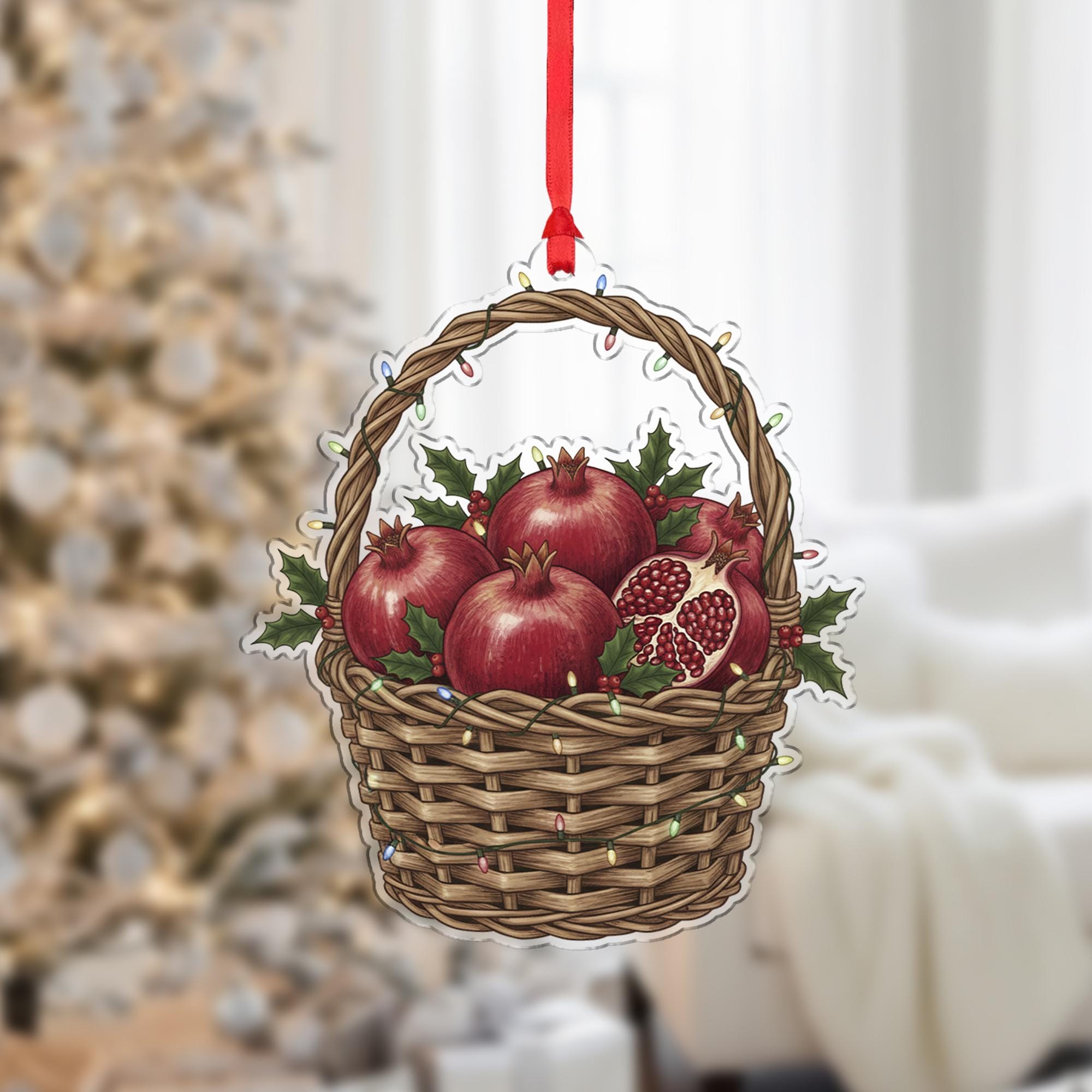 Pomegranate Ornament – Basket Design with Holiday Lights and Fruit Illustration