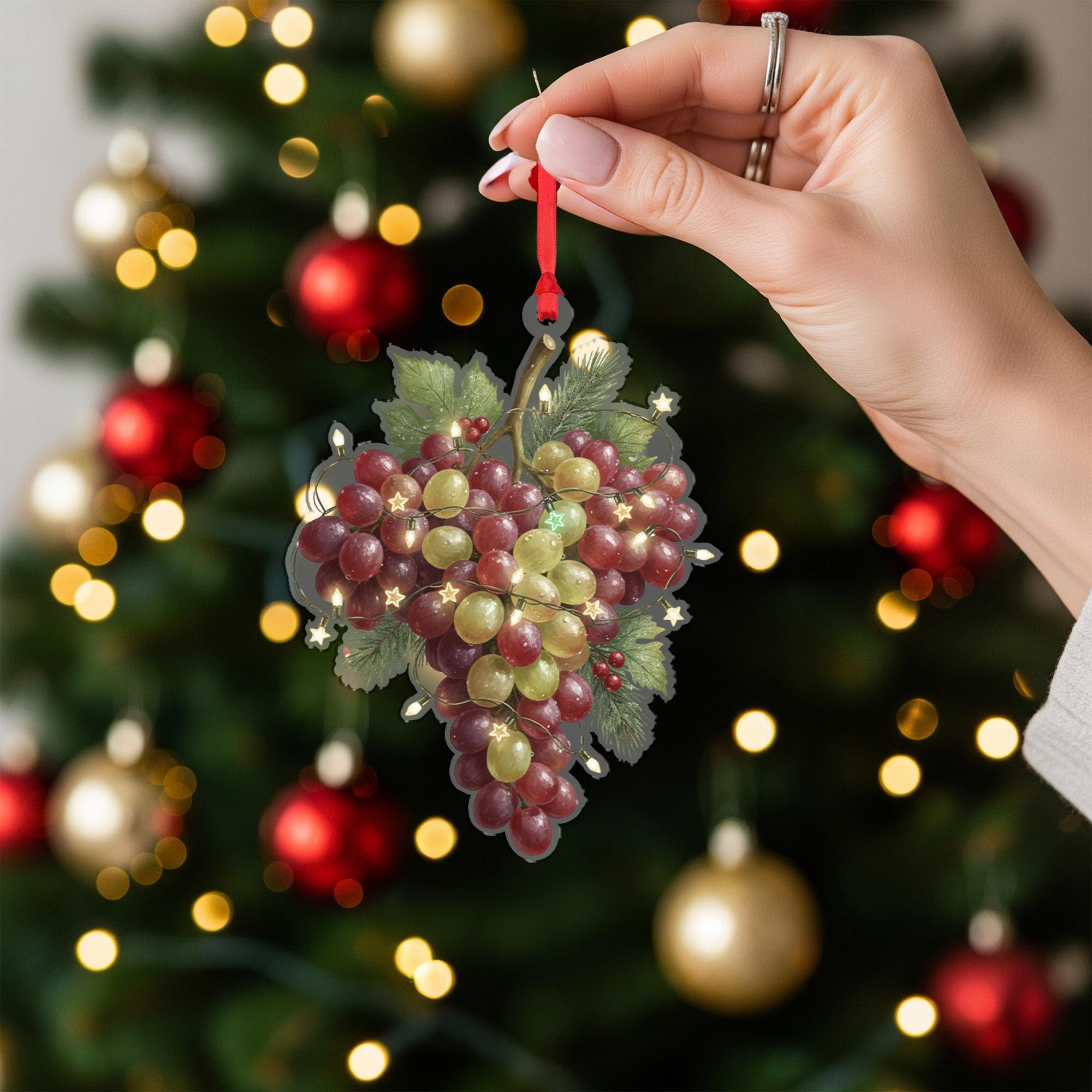 Grape Ornament – Red and Green Cluster with Holiday Lights and Leaf Design